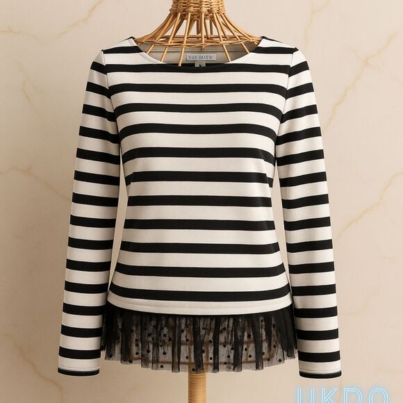 Talbots Women’s Striped Long Sleeve Top with Lace Hem Size S Black White - Picture 1 of 8